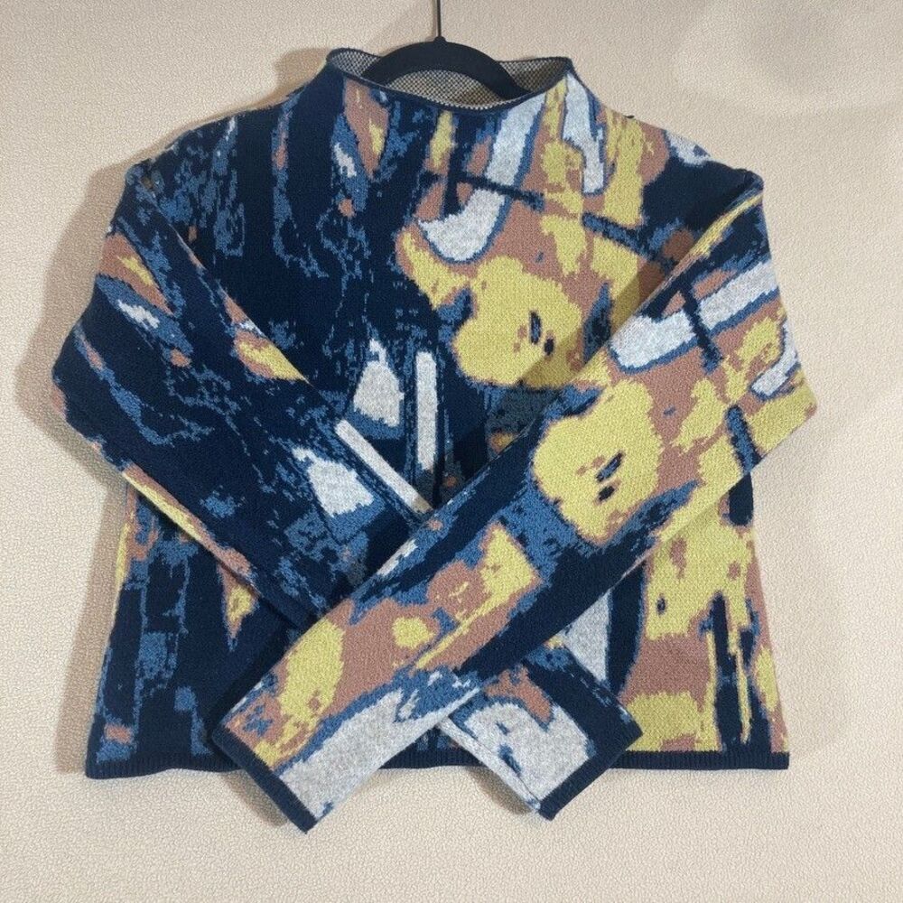 Artsy‎ Sweater Blue/Yellow Long Sleeve Funnel Neck Abstract Heavyweight Unique
